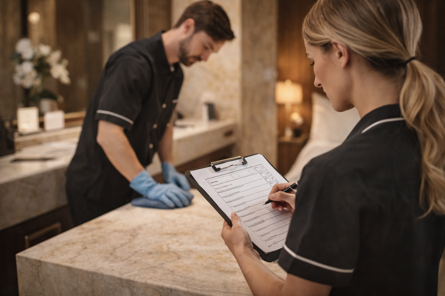 Camarera de lujo preparando habitación con guantes blancos